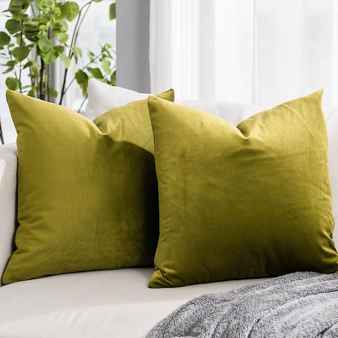 Decorative Velvet Throw Pillow Covers for Couch Sofa Bedroom,Soft Solid Cushion Covers Set of 2,14x14 inch,Olive