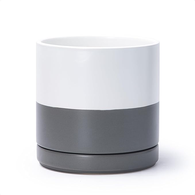 D'vine Dev 8.2 Inch Ceramic Planter Pot, White/Grey, 94-O-D-6 | Modern Cylinder Design, Drainage Hole & Saucer Included, Stable Structure, Elegant Home Accent