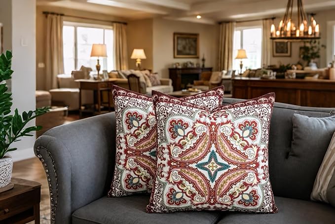 Boho Throw Pillow Covers 18X18 Inch Set of 2 Bohemian Soft Velvet Couch Pillow Cases Farmhouse Decorative Pillow Covers for Sofa Living Room Bedroom Outdoor Patio Porch Crimson Paisley