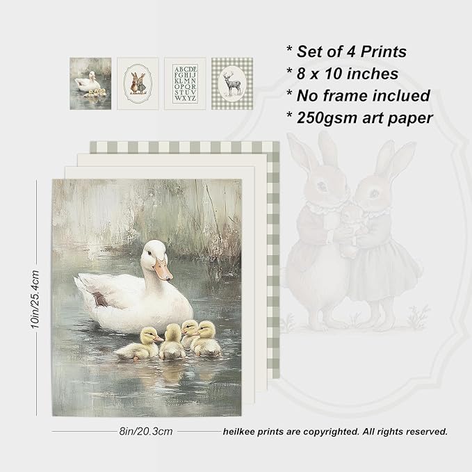 heilkee Vintage Nursery Wall Art Sage Green Duck Prints Farmhouse Room Decor Bunny Pictures Kids Poster Set of 4(UNFRAMED 8x10in)