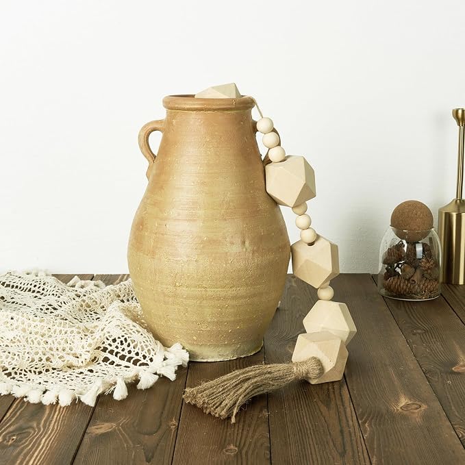 2" Octagonal Extra Large Wood Bead Garland with Tassels, 28" Long Rustic Farmhouse Wooden Beads Garland, Decorative Beads Boho Decorations for Home Table Mantle Natural Beige