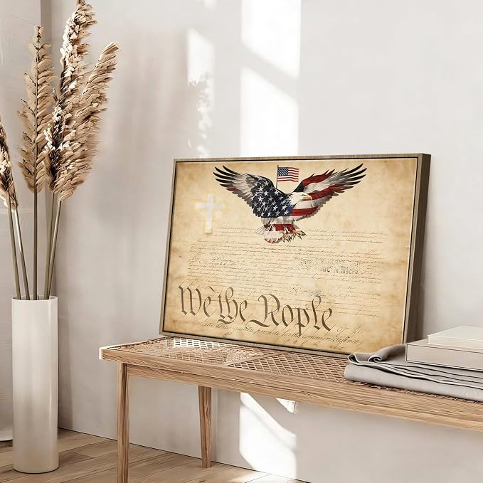 American Flag Framed Canvas Wall Art, 4th of July Patriotic Canvas Prints | USA Flag with Bald Eagle Poster Print, Vintage Independence Day Wall Decor for Bedroom Living Room 8×10in