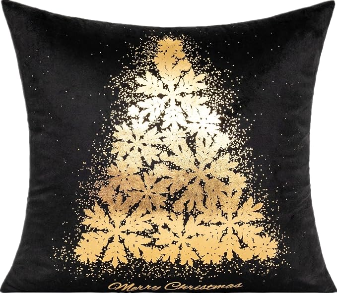 All Smiles Black Christmas Gold Throw Pillow Covers Xmas Cases Decorations 18X18 Set of 4 Décor Indoor Home Soft Velvet Decorative Navidad Cushion for Sofa Couch Tree Snowflake Reindeer