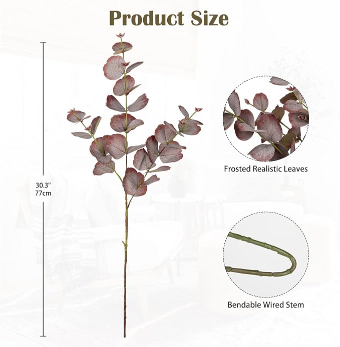 GnFlus 5 pcs 30" Artificial Eucalyptus Fall Stems Fake Silk Plants for Fall Floral Arrangements, Fake Plant Farmhouse Decor, Home Wedding Decorations (Fall Brown)
