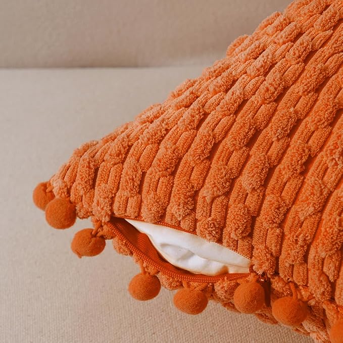 Fancy Homi Set of 2 Orange Fall Decorative Throw Pillow Covers 20x20 Inch with Pom-poms for Couch Bedroom Living Room, Halloween Autumn Home Decor, Soft Plush Corduroy Cute Cushion Case 50x50 cm