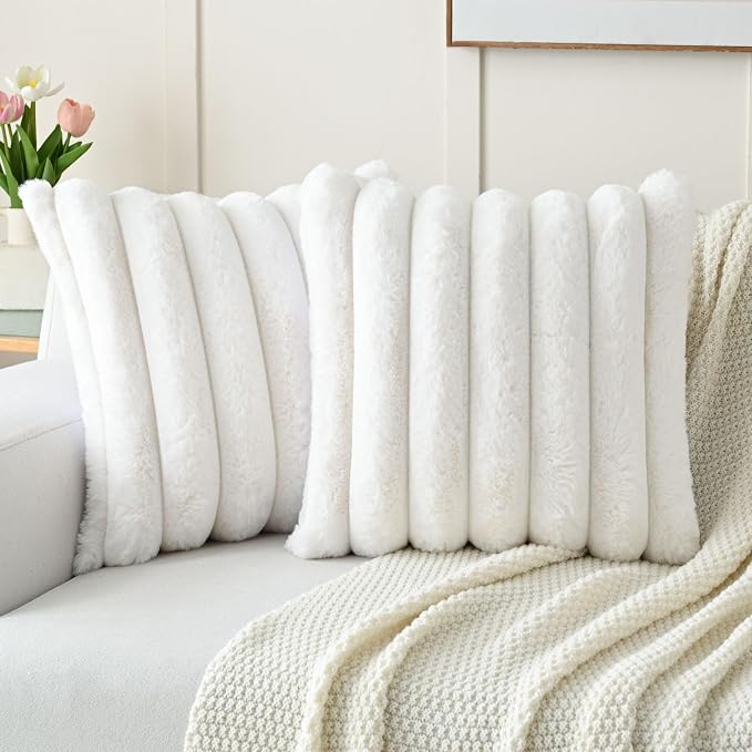 HAUSSY Pack of 2 Pillow Covers 20x20 Inch, Faux Fur Decorative Couch Throw Pillows Soft Striped Plush Cushion Covers Home Decor Cute Furry Pillowcase for Living Room Sofa Bed, Cream White