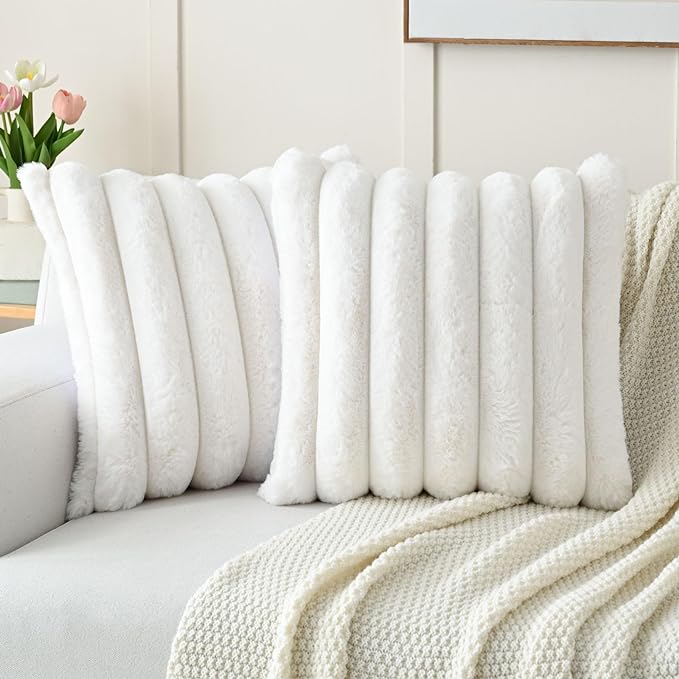 HAUSSY Pack of 2 Pillow Covers 16x16 Inch, Faux Fur Decorative Couch Throw Pillows Soft Striped Plush Cushion Covers Home Decor Cute Furry Pillowcase for Living Room Sofa Bed, Cream White