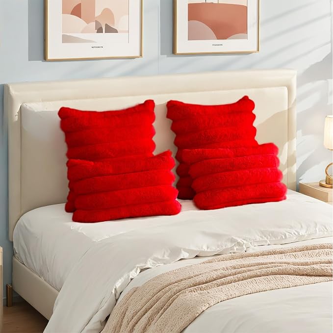 HAUSSY Pack of 2 Pillow Covers 24x24 Inch, Faux Fur Decorative Couch Throw Pillows Soft Striped Plush Cushion Covers Home Decor Cute Furry Pillowcase for Living Room Sofa Bed, Red (Covers Only)