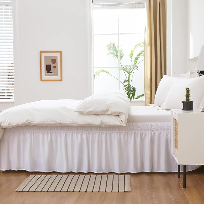 MEILA Wrap Around Elastic Bed Skirt for Twin & Full Beds, 12" Drop, White | Three-Side Adjustable Elastic Dust Ruffle, Ruffled Polyester Fabric, Easy to Install, Fade Resistant & Machine Washable