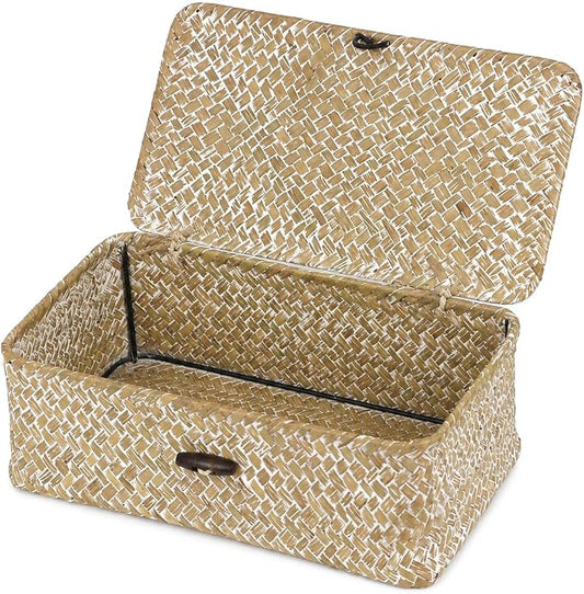 Seagrass Wicker Storage Basket with Lid, Small, Whitewash | 9.05 x 5.11 x 3.34 Inch Box, Shelf Organizer, Rectangular Woven Bin, Small Item Storage, Decorative Finish