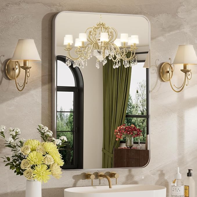 24"x32" Bathroom Mirror for Over Sink, Brushed Nickel Vanity Mirror | Aluminum Alloy Frame, Clear Reflection, Rust-Resistant, Vertical or Horizontal, Wall Mount, Bedroom and Entryway