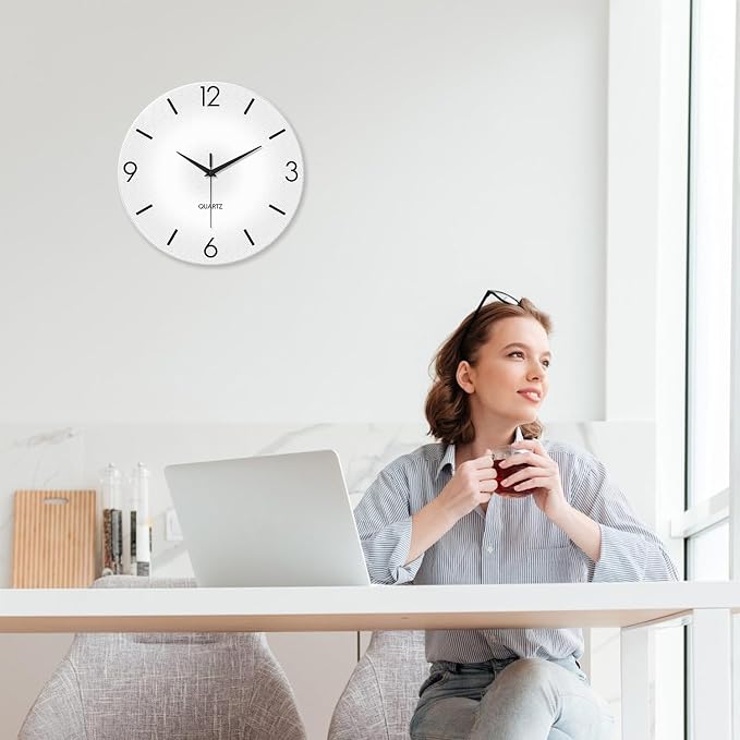 XFM White Wall Clocks Battery Operated 14 Inch Modern Simple | Silent Non-Ticking Battery Operated Minimalist Analog Decorative for Living Room Kitchen Office Decor