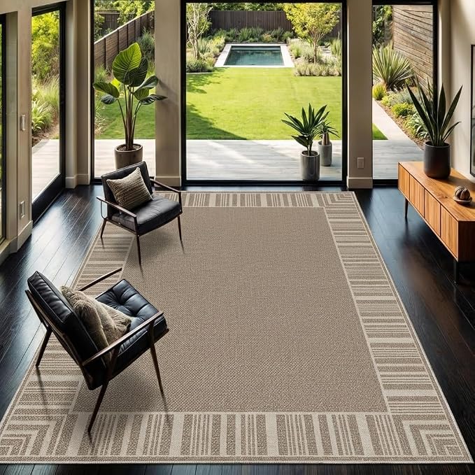 COZYLOOM Easy Jute Area Rugs 9x12 Large Living Room Rug with Rubber Backing, Washable Stain Resistant Bordered Rug Non Shedding Neutral Striped Farmhouse Carpet for Bedroom, Patio, RV, Beige Brown