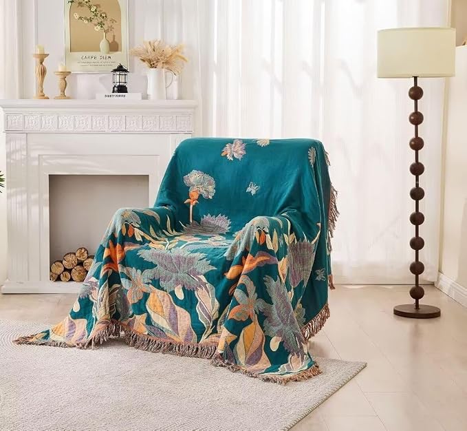 Boho Throw Blanket for Bed 100% Cotton Bohemian Blankets Ultra Soft Woven Muslin Decorative Blankets All Seasons Vintage Quilt Knitted Blanket for Sofa Chair(Orange, 60"x80")
