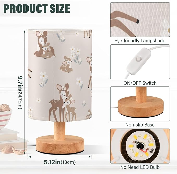 Bedside Table Lamp Woodland Animals Nightstand Lamp with Wood Forest Deer Floral Pink Desk Lamps for Bedroom Living Room Nursery Office Home Decor