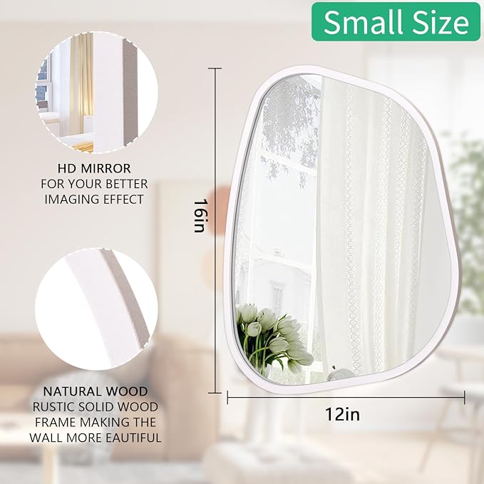 Asymmetrical Mirror Irregular Oval Wall Mirror Modern Wood Frame Unique Shape Wall Mounted Vanity Artistic Mirror Decorative for Living Room Bedroom Bathroom Entryway 16"x12"