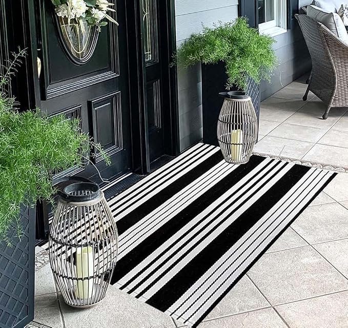 Black and White Layered Doormat 27.5"x43.3"Farmhouse Door Mat Outdoor | Machine Washable Hand-Woven Outdoor Porch Mat Combined Use With Hello Welcome Mat