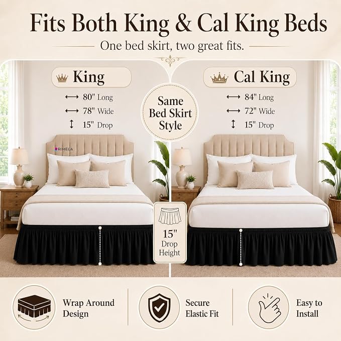 Black Bed Skirt King Size 15 Inch Drop, Elastic Wrap Around Bedskirt | Solid Ruffled, Easy to Use, No Mattress Lifting, Wrinkle & Fade Resistant, with Adhesive Strips, Machine Wash/Dry/Iron