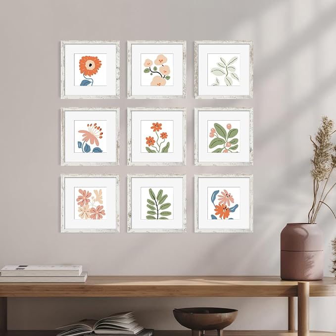 YESKAY 12x12 Picture Frame Set of 9, Photo Gallery Wall Frame Set, Display Pictures 8x8 with Mat or 12 x 12 Without Mat, Square Frame Picture Frames Collage Wall Decor, Distressed White