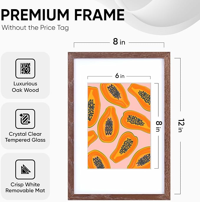 Homeforia 12x8 Picture Frame Brown, High End Dark Oak 12x8 Walnut Wooden Frames with Mat 6x8 Photo, 12 x 8 Wood Frame Matted to 6 by 8 Print, Wall or Tabletop Frame, Tempered Glass, Wall Kit, Set of 1