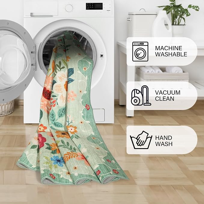 DUKINO 6x9 Area Rugs, Floral Washable Rug for Bedroom Non Slip, Green | Soft, Low Pile, Large Indoor Rug for Living Room, Dining Room, Kids Room, Office, Pet Friendly, Home Decor, Stain Resistant