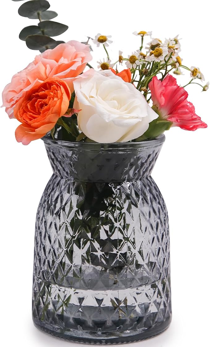 OFFIDIX Glass Vase, 6.2 * 3.5in Large Mouth Shape Geometric Faceted Design Flower Vase for Weddings,Events,Decorating,Office,Home Decor