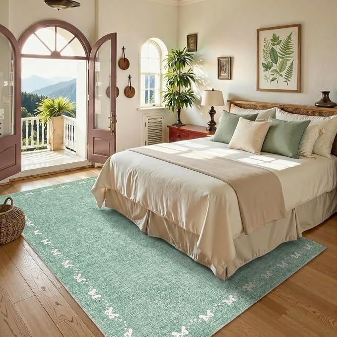 COZYLOOM Bow Border 5x7 Living Room Rugs Modern Printed Washable Nursery Rug, Non Slip Non Shedding Accent Rug Stain Resistant Low Pile Farmhouse Mats for Bedroom, Dining Room, Office, Green