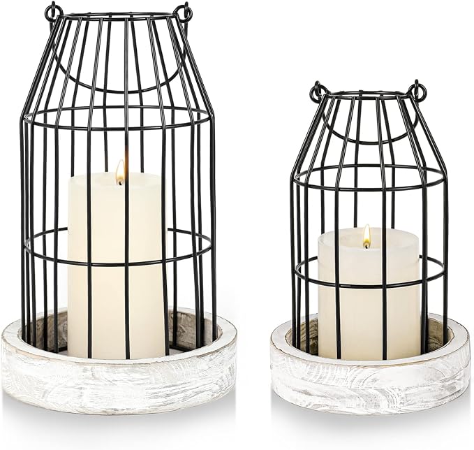 Rustic Wire Metal Cloche Set of 2 Candle Lantern Decorative Indoor Outdoor Vintage Cage Candle Holders Modern Farmhouse Decor for Fireplace Mantle Entryway Living Room Kitchen Dining Table Centerpiece