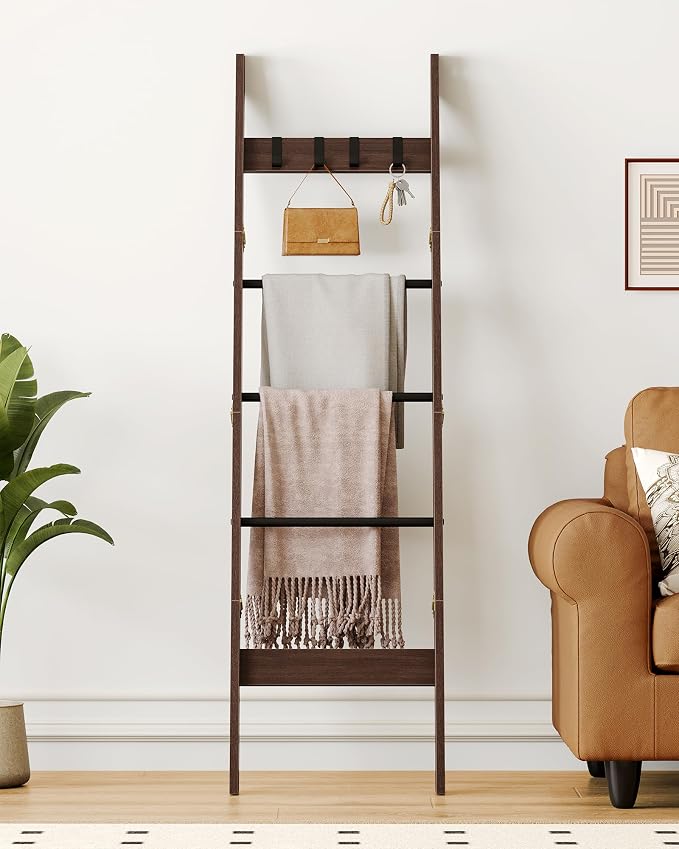 Hzuaneri Blanket Ladder Decorative Quilt Rack with 4 Removable Hooks | 5-Tier Farmhouse Ladder Holder Shelf Organizer for Living Room Bedroom, Black Tea Brown and Black BR02120B