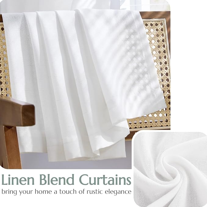 jinchan Lined Linen Curtains Privacy Back Tab 50x63 Inch 2 Panels Set White | Light Filtering Curtains with White Privacy Liner, Cottage Core Farmhouse Curtains for Living Room, Rod Pocket 63 Inch Length