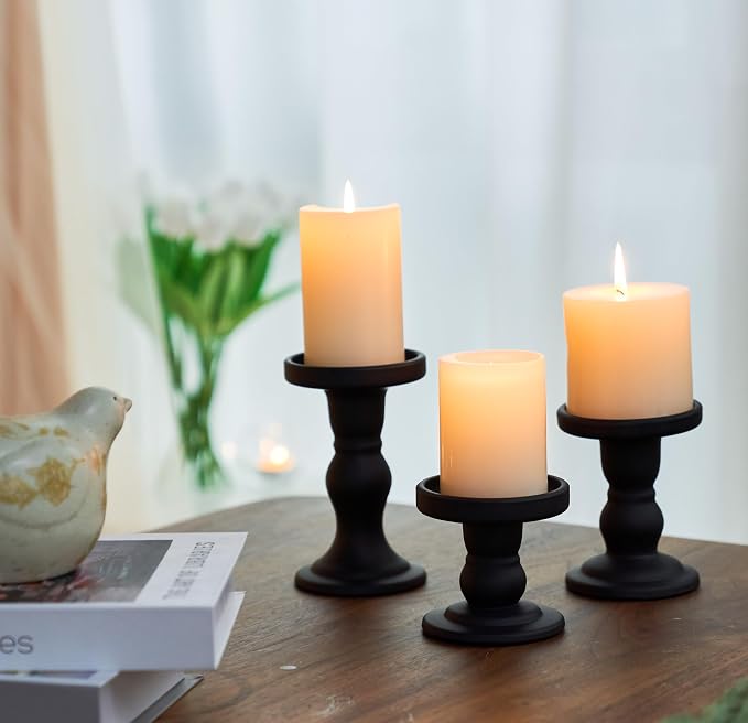 3 PCS Glass Candle Holder - Black Pillar Candle Holder Set for Candlesticks Taper Tealight - Matte Black