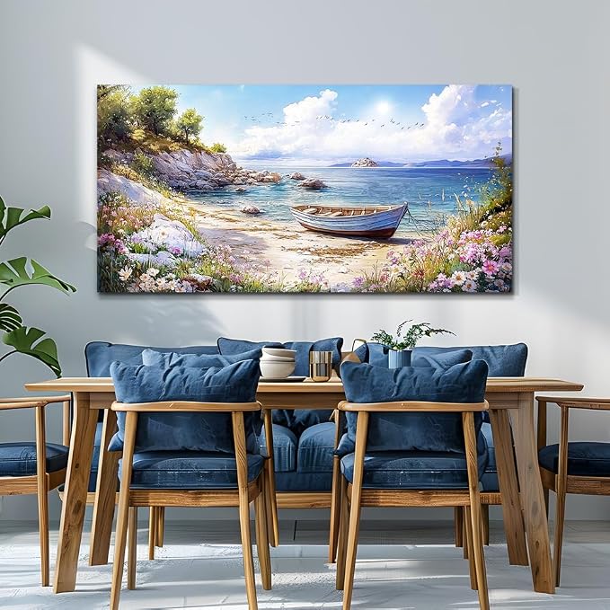 QIYILEXWART Canvas Wall Art For Living Room Large Wall Decor For Office Bedroom Decorations Seaside Landscape Pictures Boat Painting Artwork Room Wall Mural Aesthetic Home Decor 30x60 In