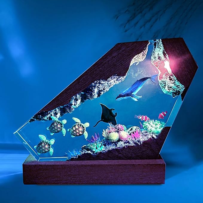 Handmade Humpback Whale Resin Ocean Lamp with Wooden Base
