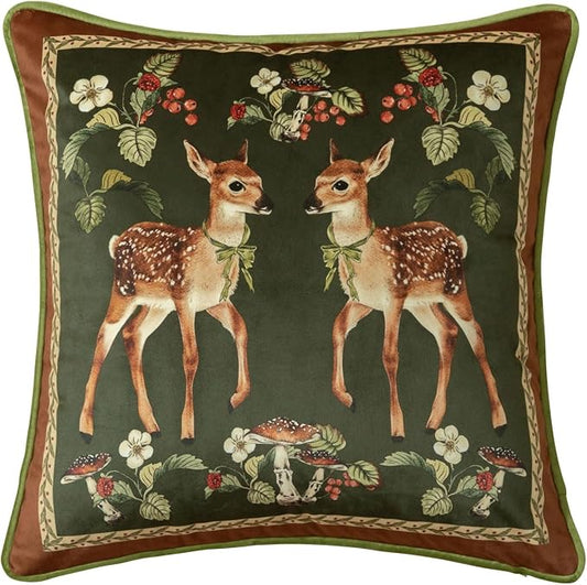 Vintage Christmas Pillow Cover 18x18, Holly Deer | Designer High End Deer Pillow Cover, Green Velvet Throw Pillow Decorative for Couch Sofa Bedroom Home Holiday