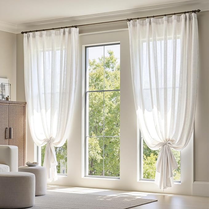 jinchan Linen Curtains Light Filtering Back Tab 100x90 Inch 1 Panel White | Semi Sheer Curtains 90 inch length for Bedroom Living Room, Modern Farmhouse Drapes with Rod Pocket, Natural Boho Curtains