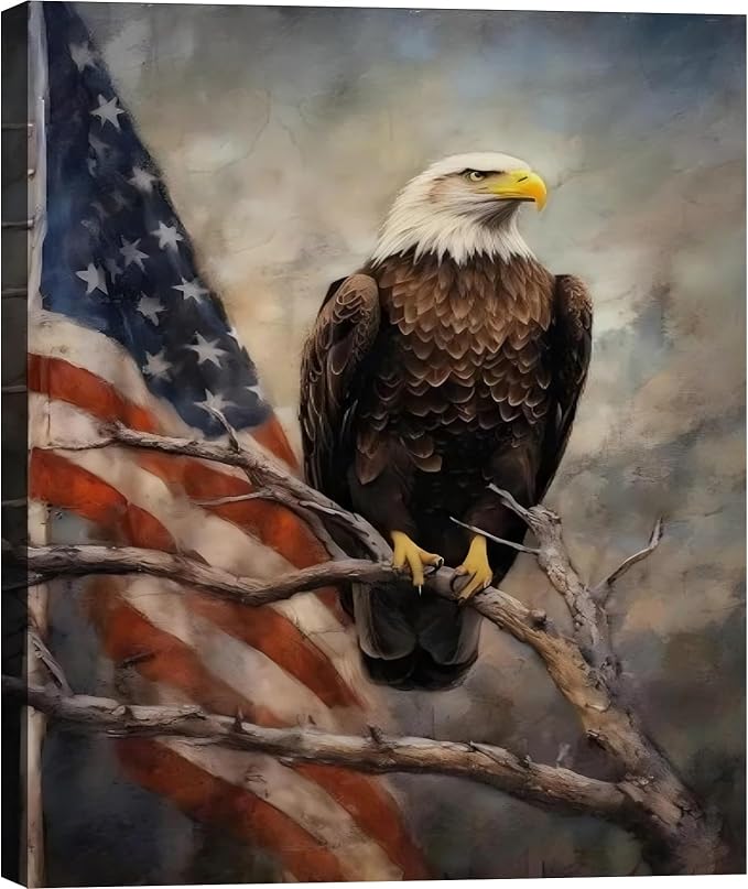 Framed Bald Eagle American Flag Wall Art, Patriotic Rustic Canvas Art Pictures, USA Eagle Wall Decor, Made in USA Ready to Hang for Office Man Cave Living Room