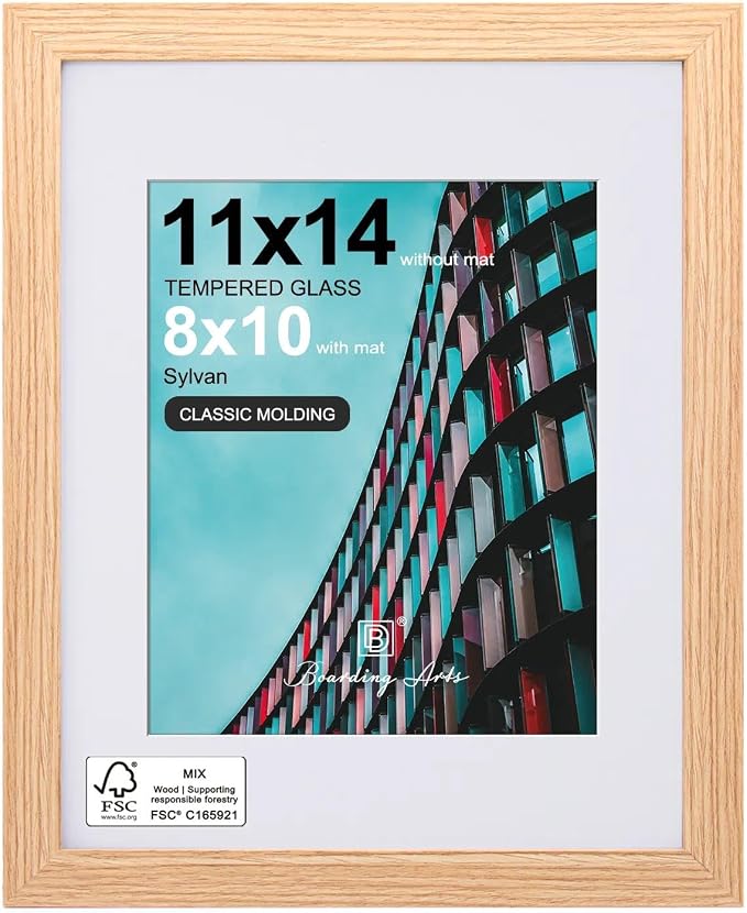 11x14 Picture Frame-Natural Oak,8x10 Mat,Tempered Glass,Engineered Wood