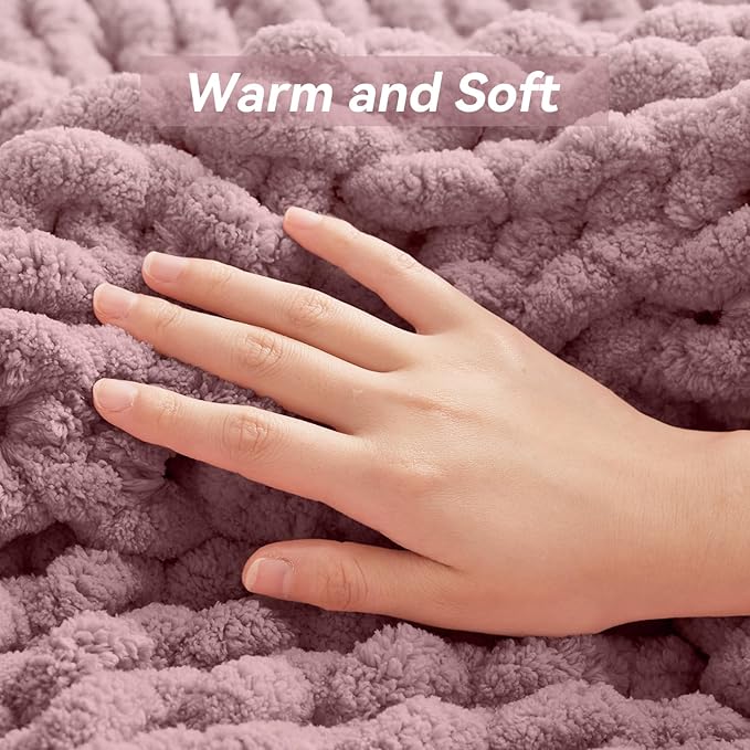 Negwoo Chunky Knit Throw Blanket, Knitted Throw Chenille Yarn, 60"*80" | Soft Thick Cable Knitted Blankets, Handmade Big Thick Blanket, Machine Washable Cute Comfy Blanket for Home Decor, Muted pink