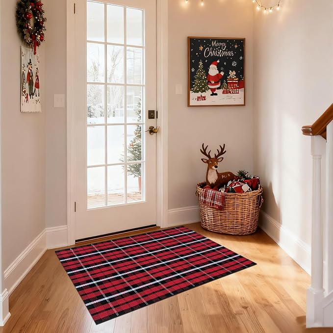 USTIDE Red Black White Plaid Rug 28" x 43" Cotton Front Door Porch Entryway Christmas New Year Holiday Outdoor Decor Mat