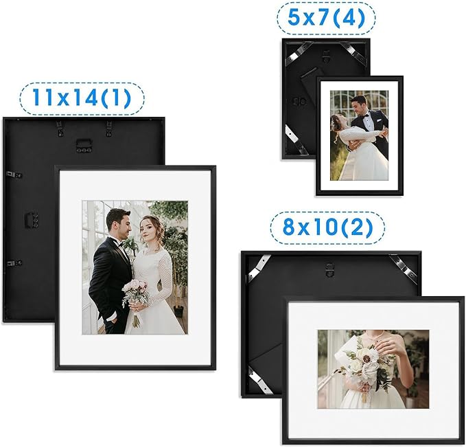 Golden State Art 7 Pack Aluminum Frames, Includes 5x7 8x10 11x12, Black | Shatter-resistant Glass, Assorted Sizes: One 11x14, Two 8x10, Four 5x7, Horizontal/Vertical Wall Mount & Tabletop Display