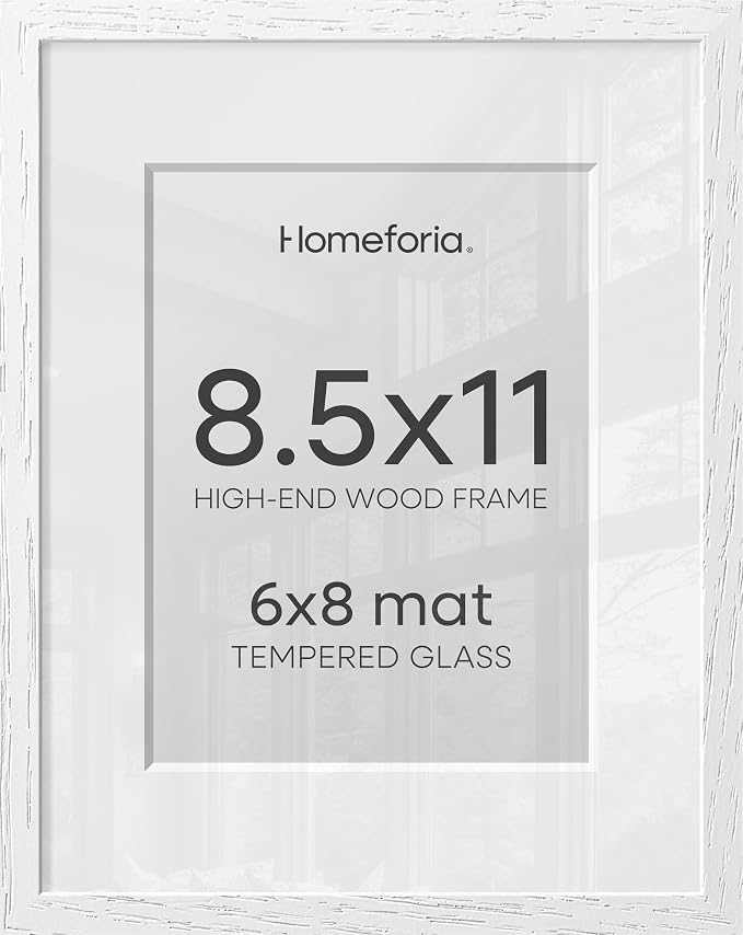 Homeforia 8.5x11 White Oak Picture Frame, High-End Wood, 6x8 Mat, Glass