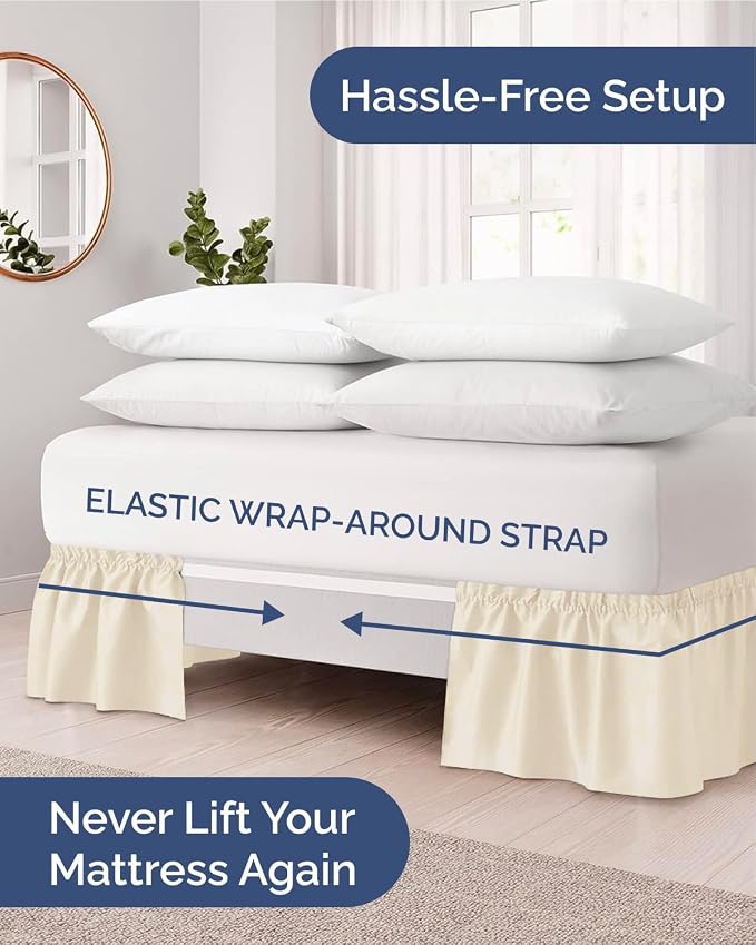 Wrap Around Dust Ruffle Bed Skirt, Full Size Beds - 15 Inch Drop, Off White | Easy Fit Elastic Strap, Adjustable Pleated Bedskirt w/Brushed Fabric, Wrinkle & Fade Free, for Women, Men, Kids & Teens