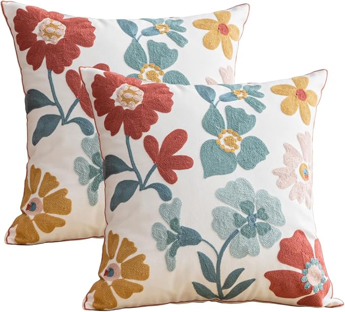 YIcabinet Pack of 2 Throw Pillow Covers,Embroidered Flower Pillow Case Soft Square Decorative Pillowcases for Home Sofa Couch 18x18 Inch