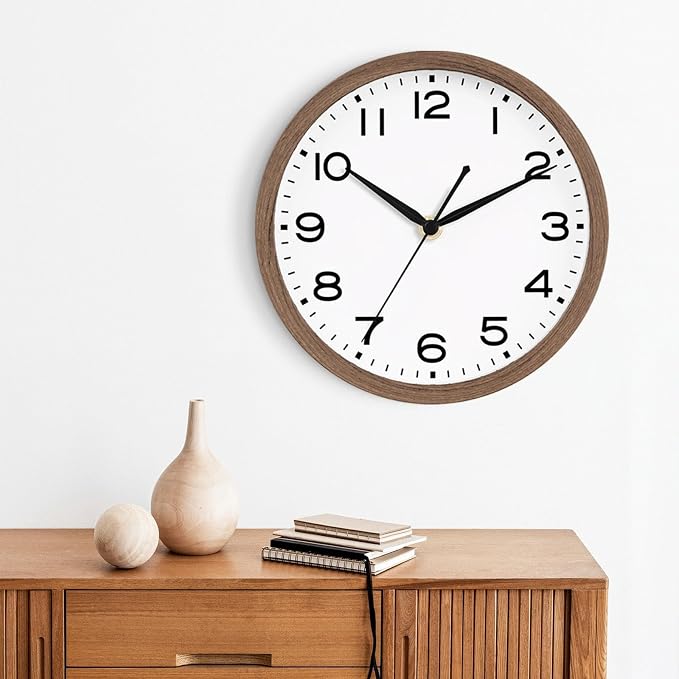 AKCISOT 10 Inch Wall Clock, Silent Battery Operated Analog Clock, Walnut | Classroom | Kitchen | Office | Easy to Read Numbers | Garage