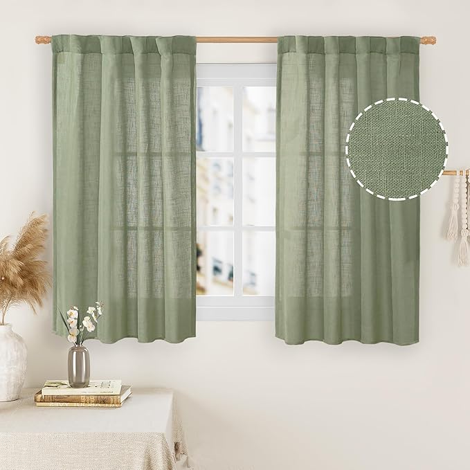 Sage Green Linen Curtains 48 Inch Length 2 Panels, 34 x 48 Inch | Semi Sheer Curtains, Light Filtering Panels, Rod Pocket Back Tab, Neutral Drapes for Kitchen, Small Window, Loft Room