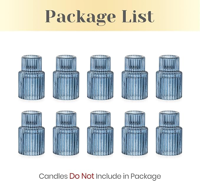 Hewory Glass Candlestick Holders Bulk, 10 PCS Blue Taper Candle Holders | For 0.86" Taper Candles, Ribbed, Vintage Candle Sticks Holder Decor, Wedding Table Centerpiece Baby Bridal Shower Party Gift