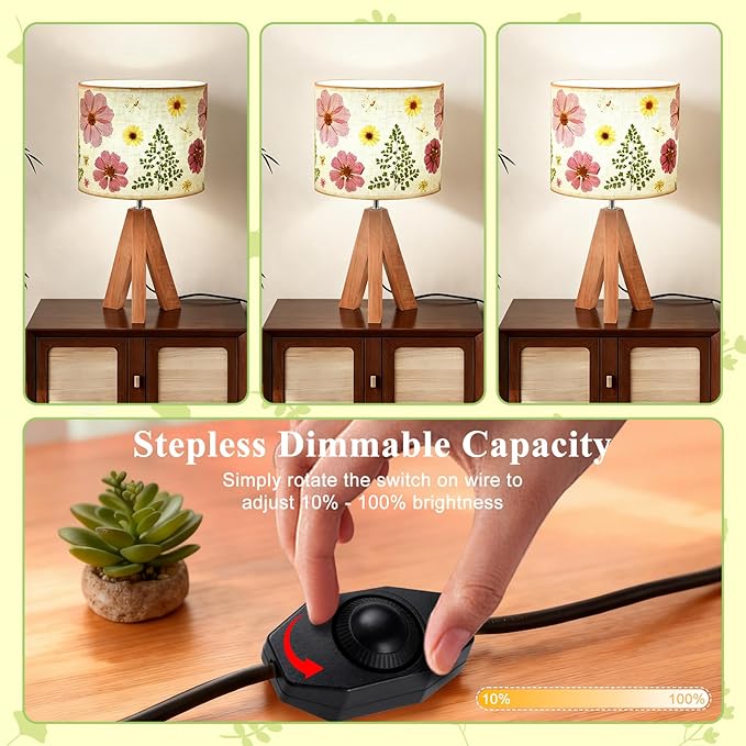 Dried Flowers Tripod Table Lamp 14.96in, 9W LED Dimmable Cute Bedside Lamp with Flowers Linen Lampshade for Nursery, Bedroom, Kid Room, Living Room, Light Brown Wooden Base