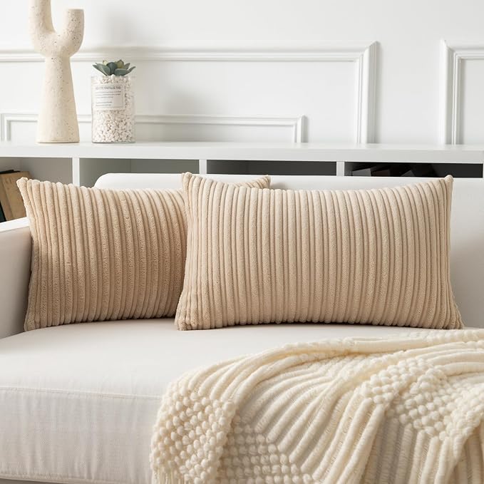 Kevin Textile Striped Corduroy 12”x20” Pillow Covers 2 Pack, Beige