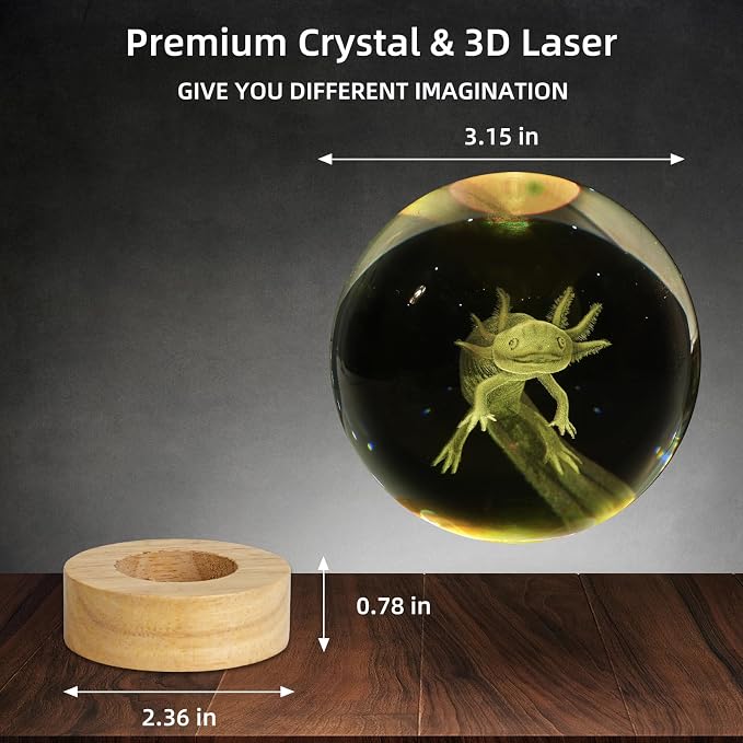3D Axolotl Crystal Ball Night Light, Upgraded 3.15 Inch Glass Ball Lamp with 16 Color LED Wooden Base, Axolotl Decor Birthday Holiday Christmas Gifts for Boys Girls Friends (Axolotl-1)