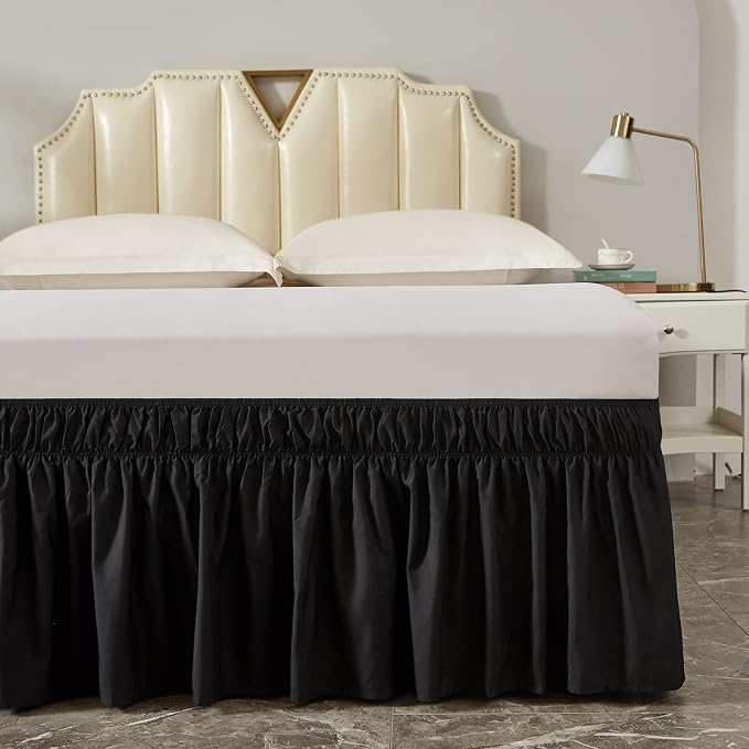 MEILA Wrap Around Elastic Bed Skirt for Queen & King Beds, 24" Drop, Black | Three-Side Adjustable Elastic Dust Ruffle, Ruffled Polyester Fabric, Easy to Install, Fade Resistant & Machine Washable